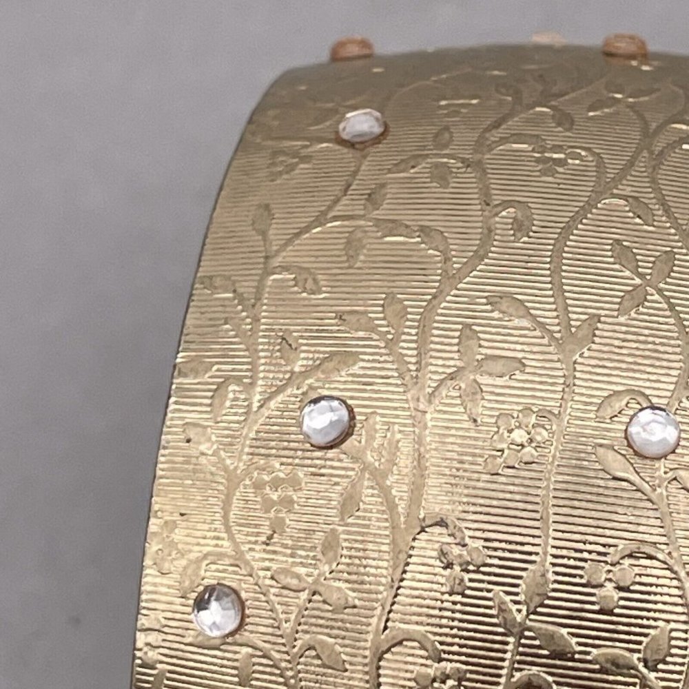 Textured Floral Rhinestone Wide Bangle Bracelet Gold Tone - Picture 5 of 8